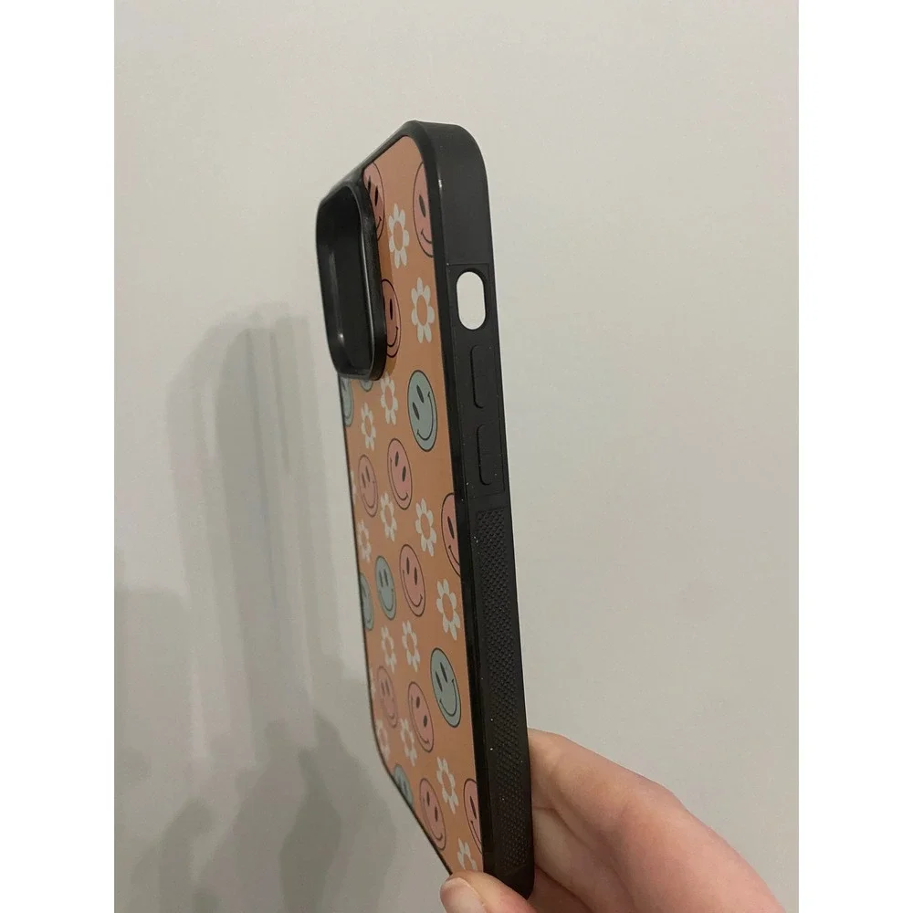 iPhone 14 Pro Max Case Unisex Peach Smiley Face Daisy Retro Y2K Floral Bumper